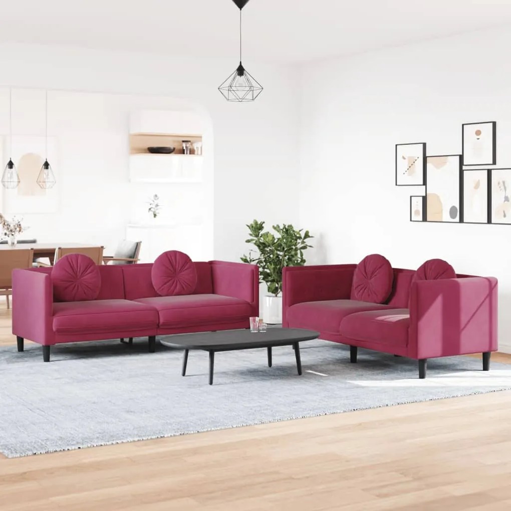 Set Di Divani 2 Pz Con Cuscini Rosso Vino İn Velluto /