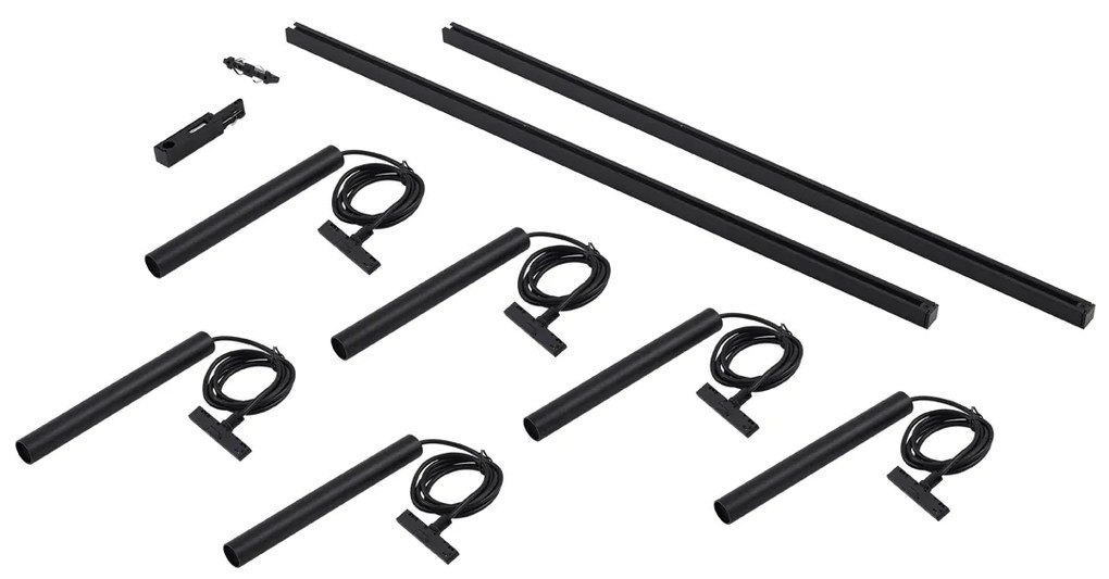 Sistema di illuminazione a binario moderno con 6 faretti a sospensione neri monofase - Slimline Keno
