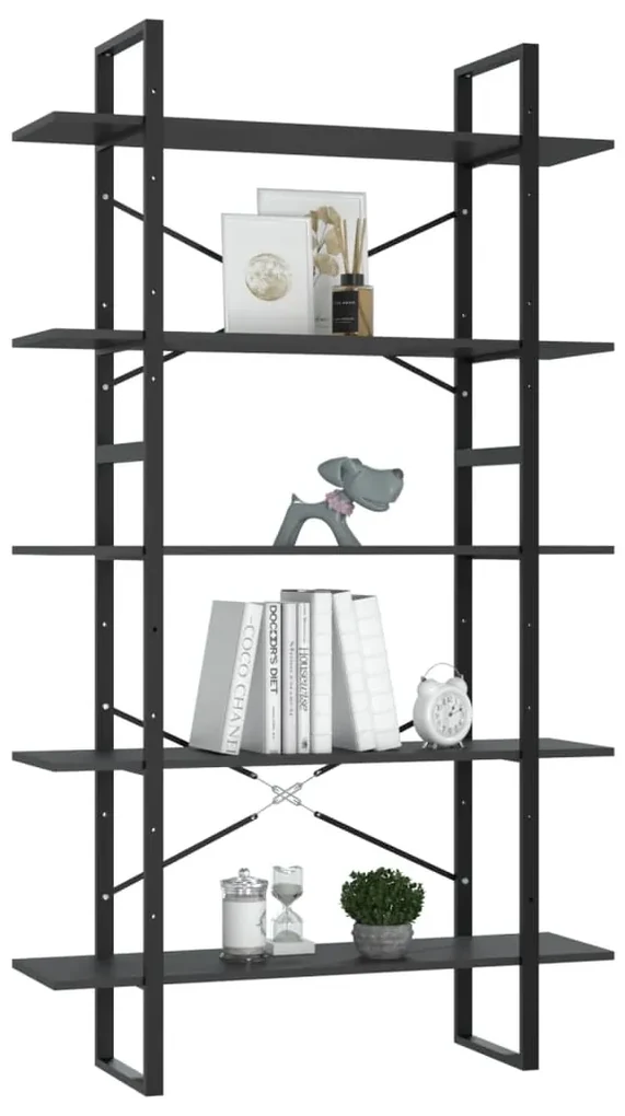 Libreria a 5 ripiani grigia 100x30x175 cm in legno multistrato