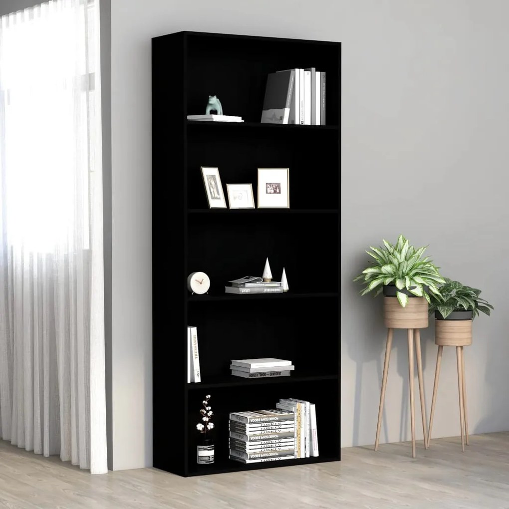 Libreria A 5 Ripiani Nera 80x30x189 Cm İn Legno Multistrato /