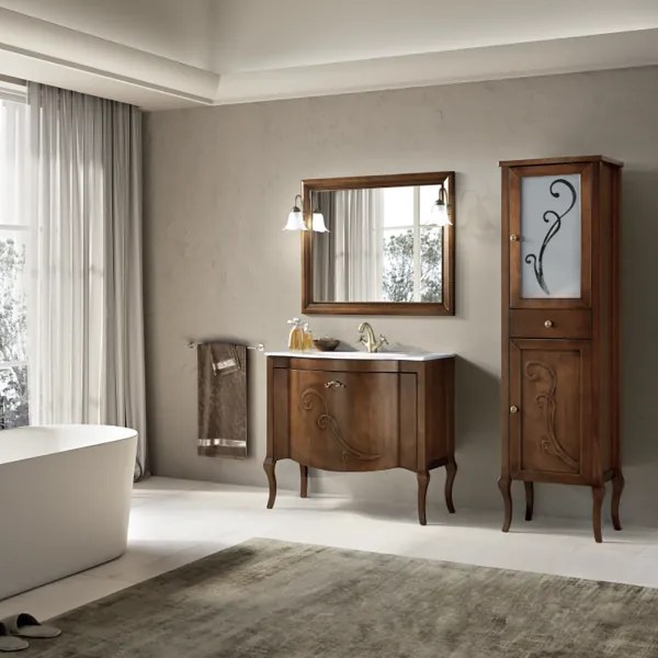 Mobile bagno classico MARTINA 90 cm - Noce - Cassettone - Lavabo e specchio