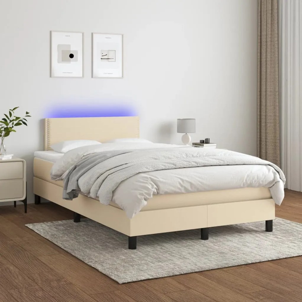 Letto a molle con materasso e led crema 120x190 cm in tessuto