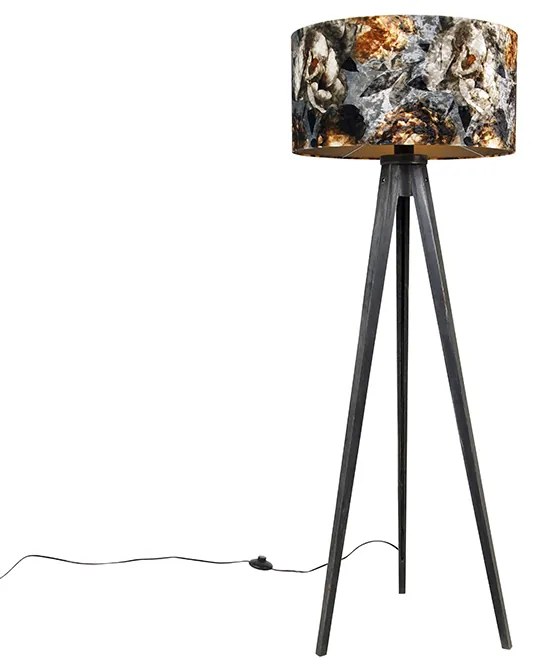 Lampada da terra treppiede nera con paralume floreale 50 cm - Tripod Classic