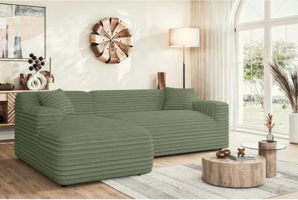 Divano angolare verde (con penisola a sinistra e chaise lounge) rivestito in velluto a coste Martin – Ropez