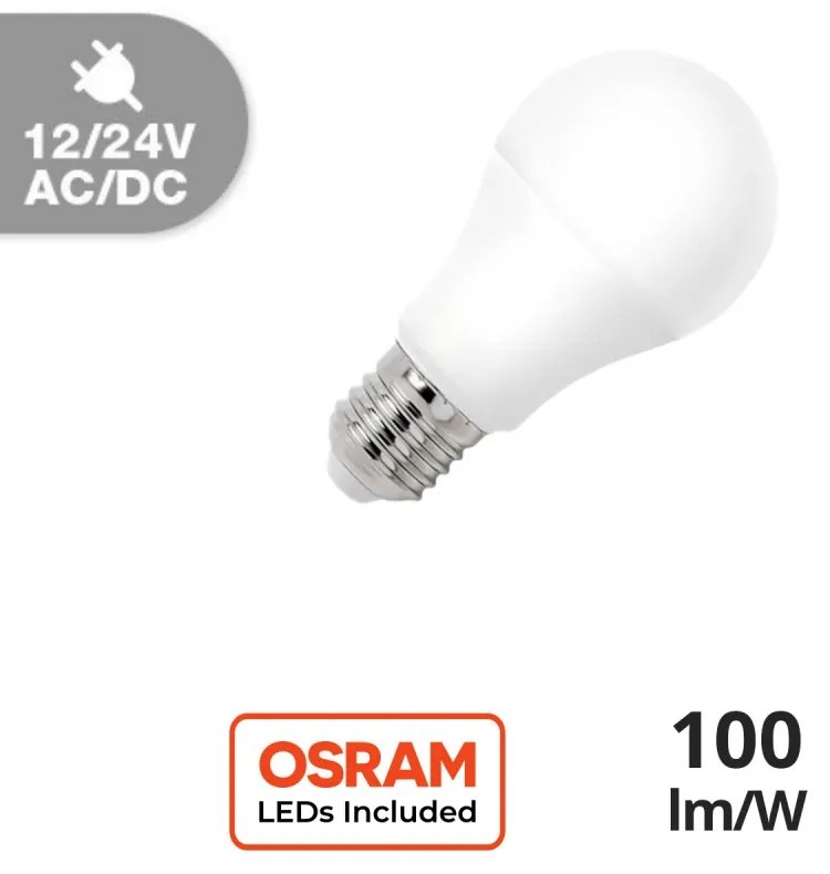 Lampadina LED E27 12W, 12/24V AC/DC, A60 Colore Bianco Caldo 3.000K