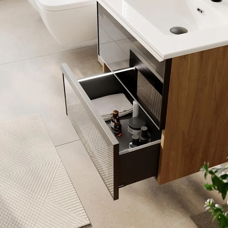 Mobile bagno con lavabo STAR L60 x H60 x P46 cm oak in vetro 2 cassetti per vasca centrale, il cassetto é dotato di illuminazione LED