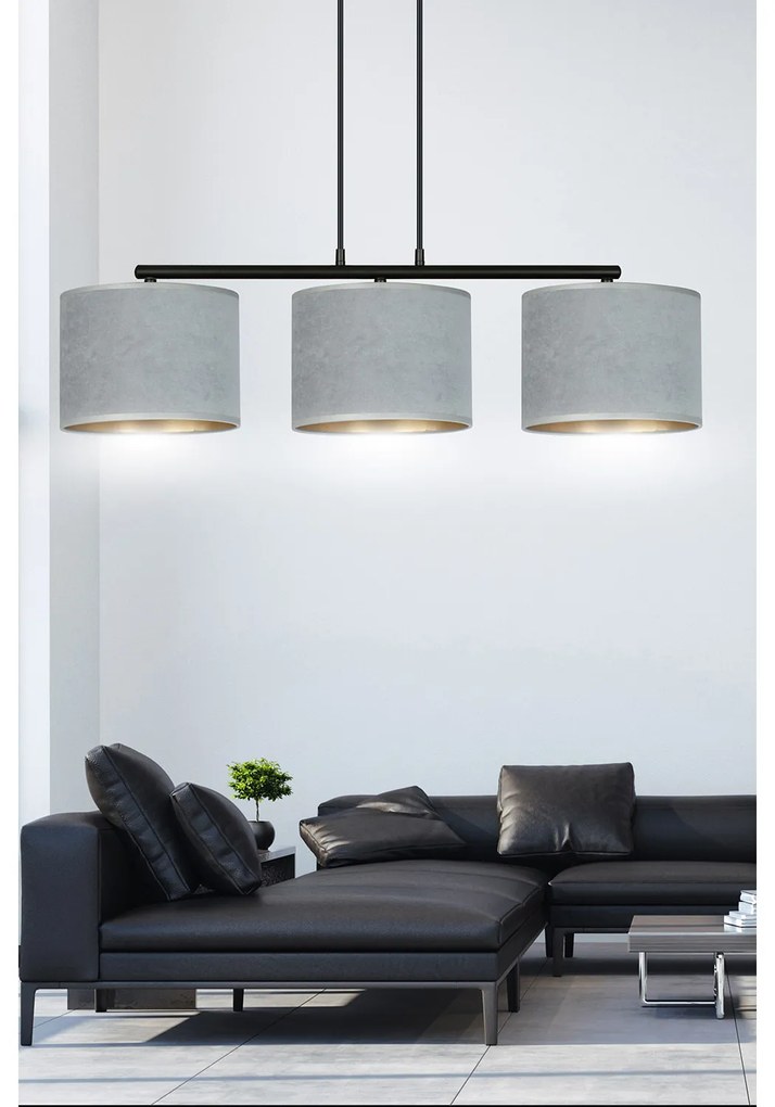 Lampadario 3 Luci Ganesha In Acciaio Nero E Paralumi In Tessuto Grigio