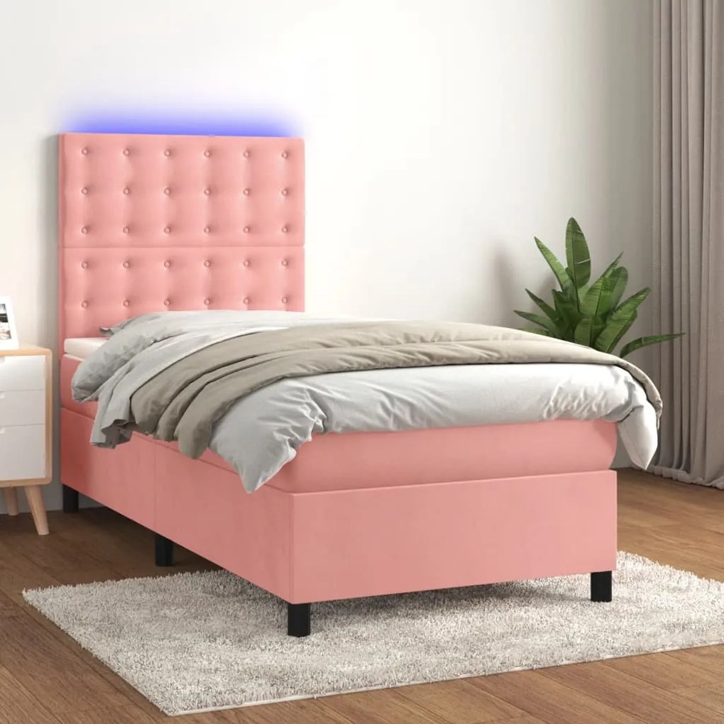 Letto A Molle Con Materasso E Led Rosa 100x200 Cm İn Velluto /