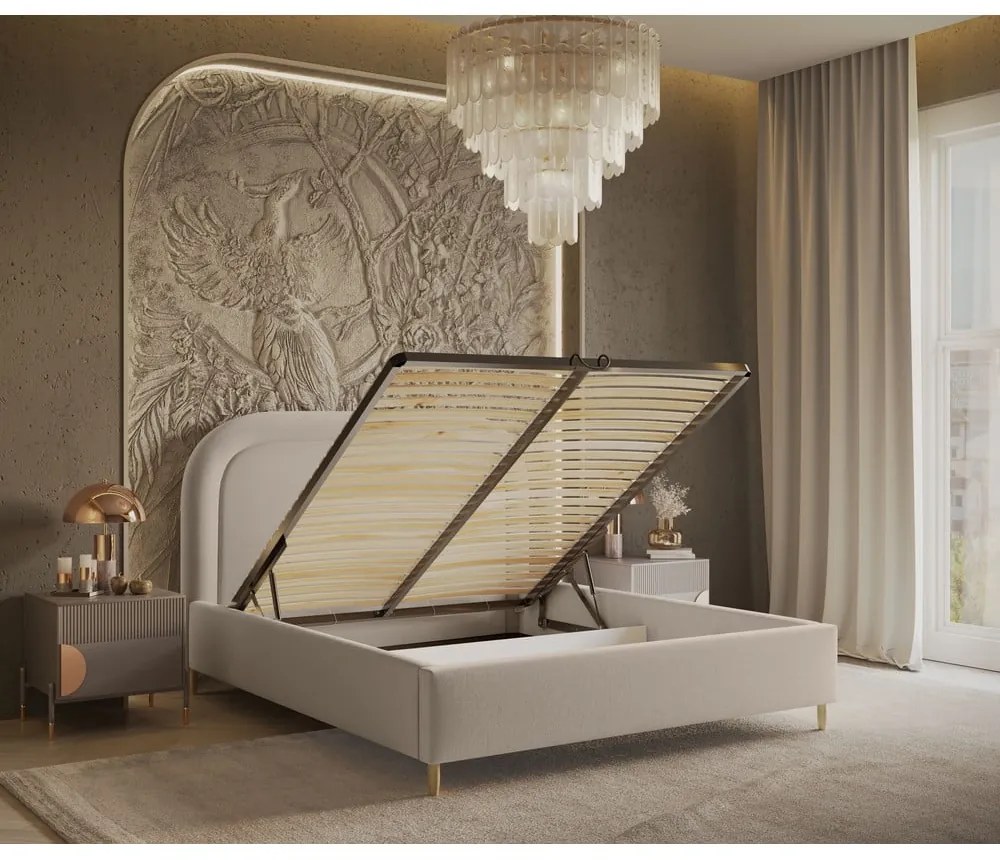 Letto matrimoniale imbottito beige con spazio contenitivo e rete 180x200 cm Mija - Maison de Rêve