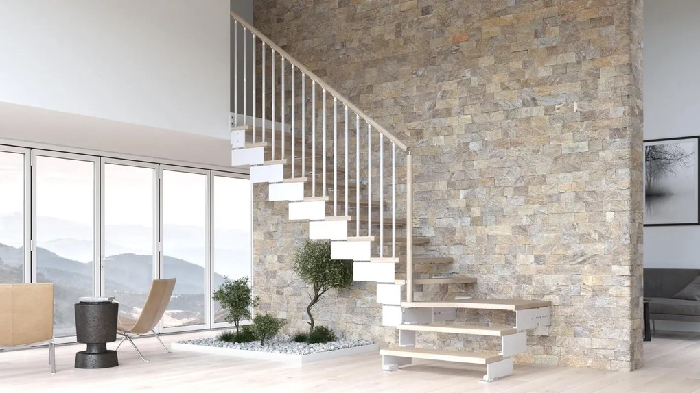 Scala a rampa ¼ di giro Gala IRIS, larghezza 60 cm, struttura in acciaio bianco, gradini in legno faggio, colore bianco