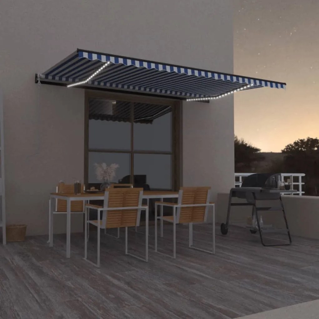 Tenda Automatica Con Sensore Vento E Led 500x300 Cm Blu Bianca /