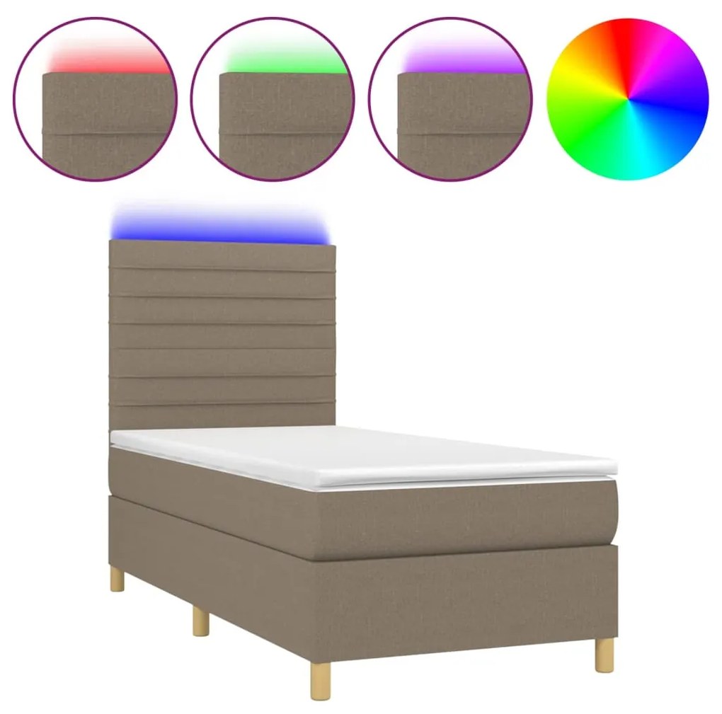 Letto a molle con materasso e led tortora 100x200cm in tessuto