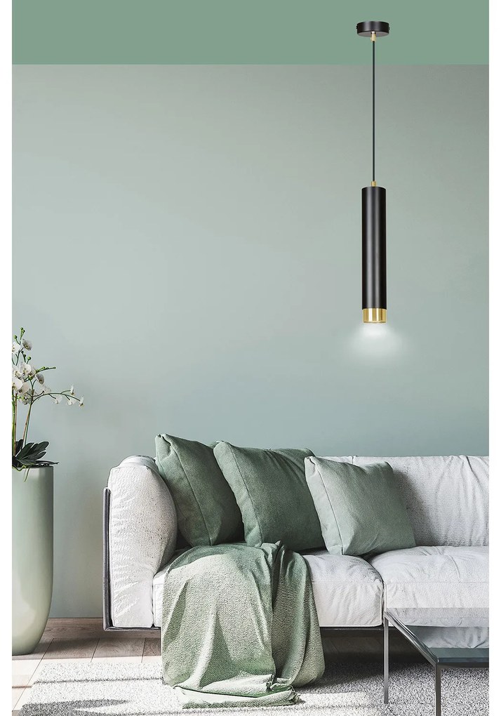 Sospensione 1 Luce Brunilde In Acciaio Nero Con Tubolare In Nero E Oro
