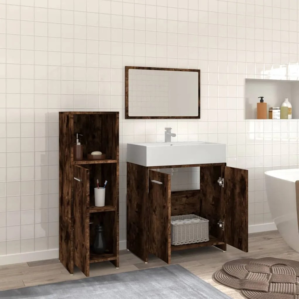 Set mobili da bagno 3 pz rovere fumo in legno multistrato