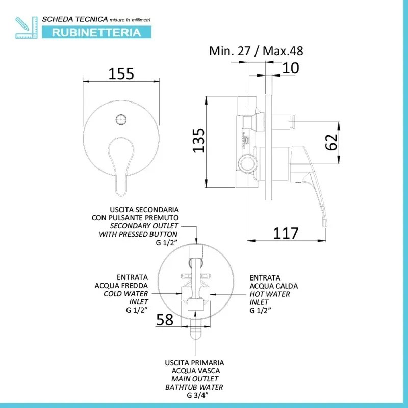 Set rubinetti lavabo, bidet e doccia con deviatore in ottone cromo di Rubinetterie Mariani Linea Astro