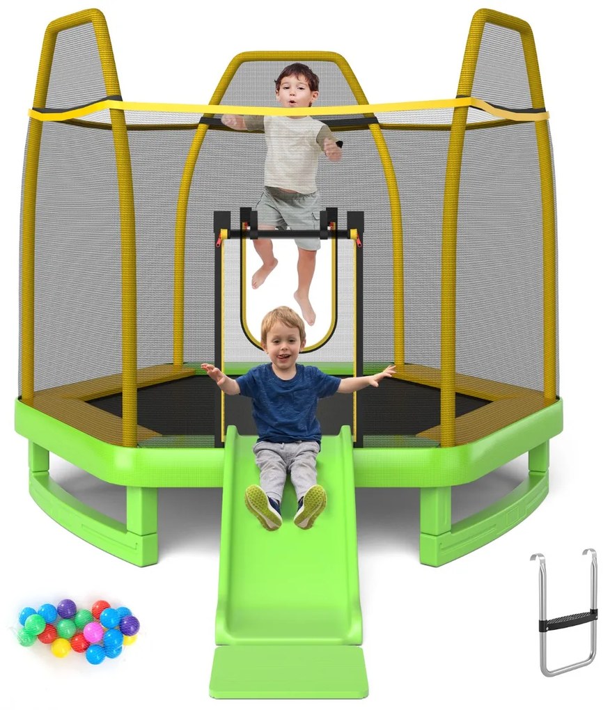 Costway Trampolino elastico per bambini con scivolo scaletta diametro 223cm, Saltarello con struttura in metallo Verde
