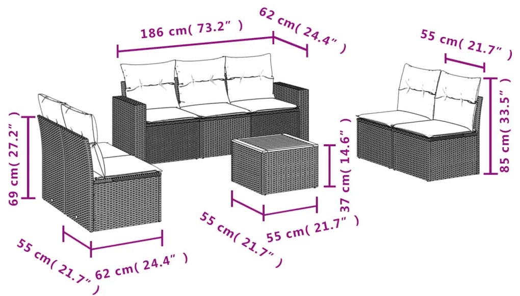 Set divani da giardino con cuscini 8 pz nero in polyrattan