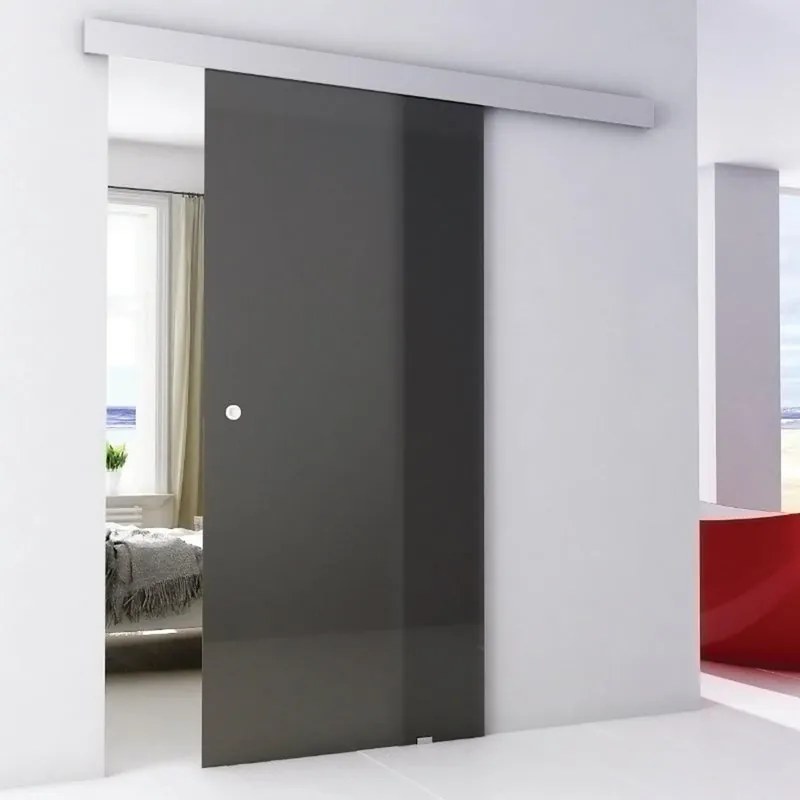 Porta scorrevole reversibile Fumè satin in inox nero, L 76 x H 215 cm, con binario Alu