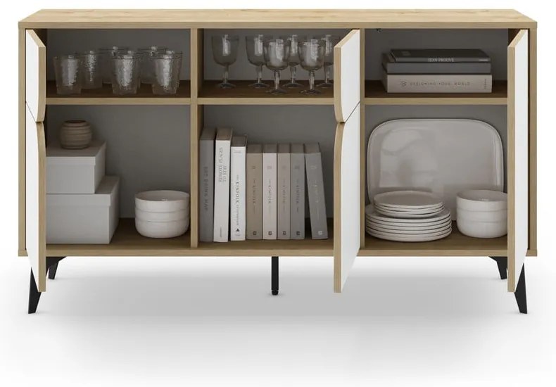 Cassettiera bassa in rovere decorata in bianco e naturale 140x79 cm Nola - Marckeric