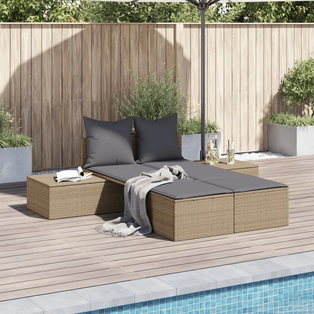Lettino Prendisole Con Cuscini Beige İn Polyrattan /