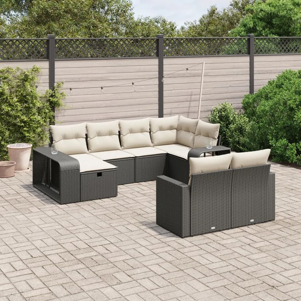 Set divani da giardino 10pz con cuscini in polyrattan nero