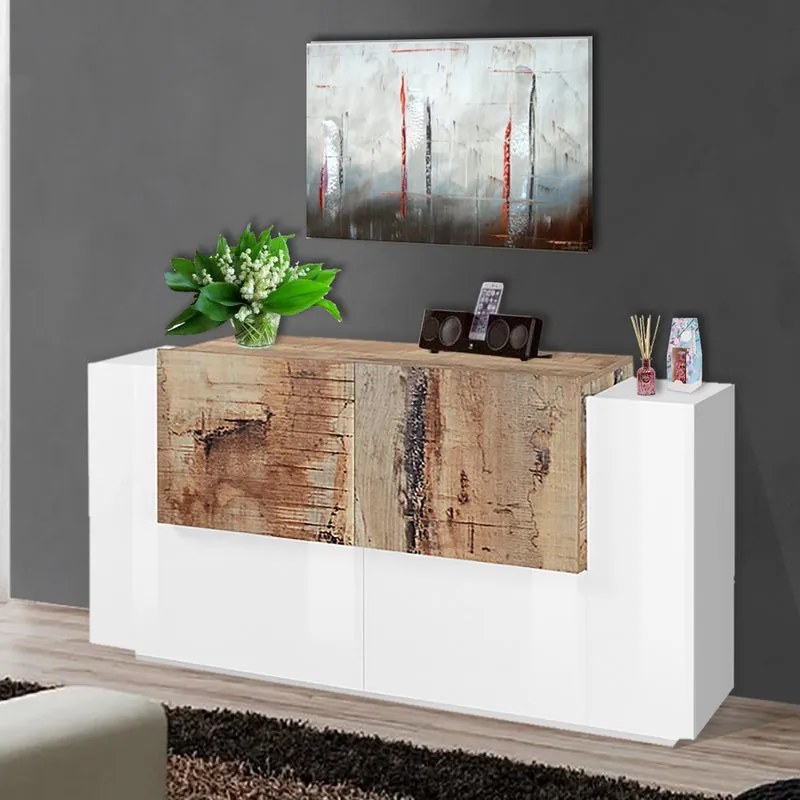 Mobile credenza New Coro L 160 x H 86 P 45 cm bianco lucido e marrone