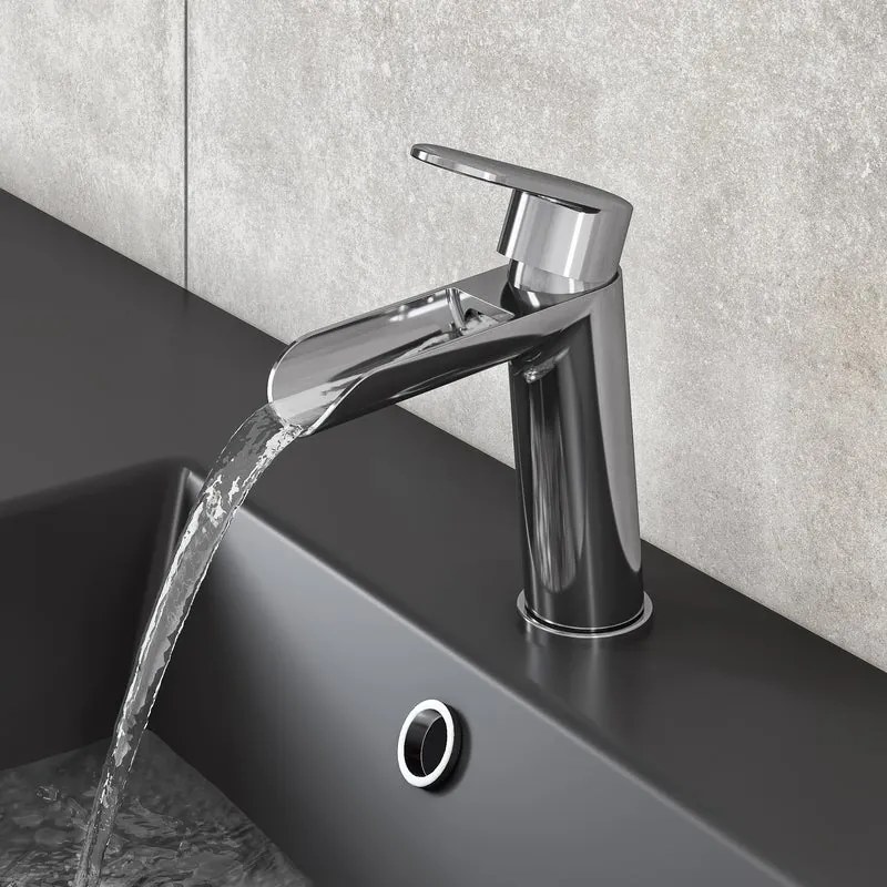 Rubinetto per lavabo a canna media getto a cascata d'acqua ICONE cromato lucido SENSEA H 16 cm