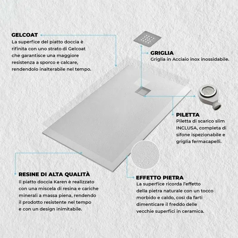Piatto doccia filo pavimento 70x190 in resina Karen bianco pietra