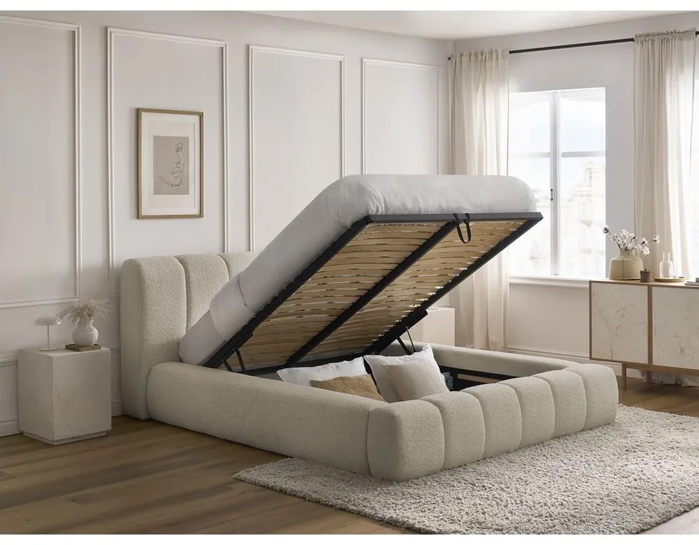 Letto matrimoniale imbottito beige contenitore e rete inclusi 180x200 cm Denali - Bobochic Paris