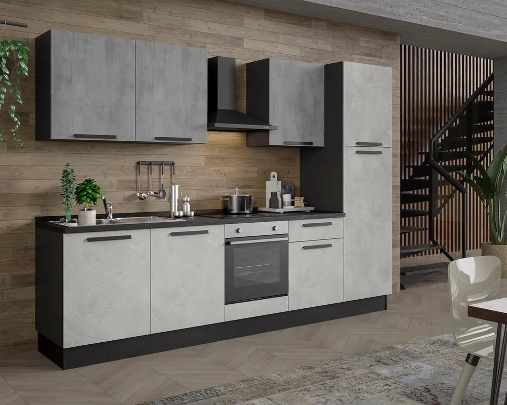 Cucina montata Dora bianco e grigio chiaro, lavello a sinistra, L.300 cm, completa di: cappa a camino, piano cottura a induzione, forno e frigorifero