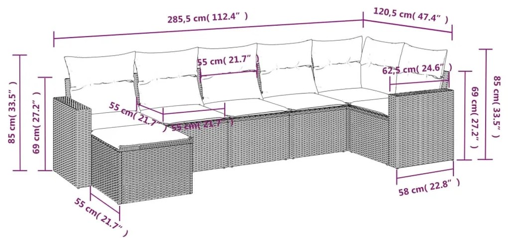 Set divani da giardino 7 pz con cuscini grigio in polyrattan