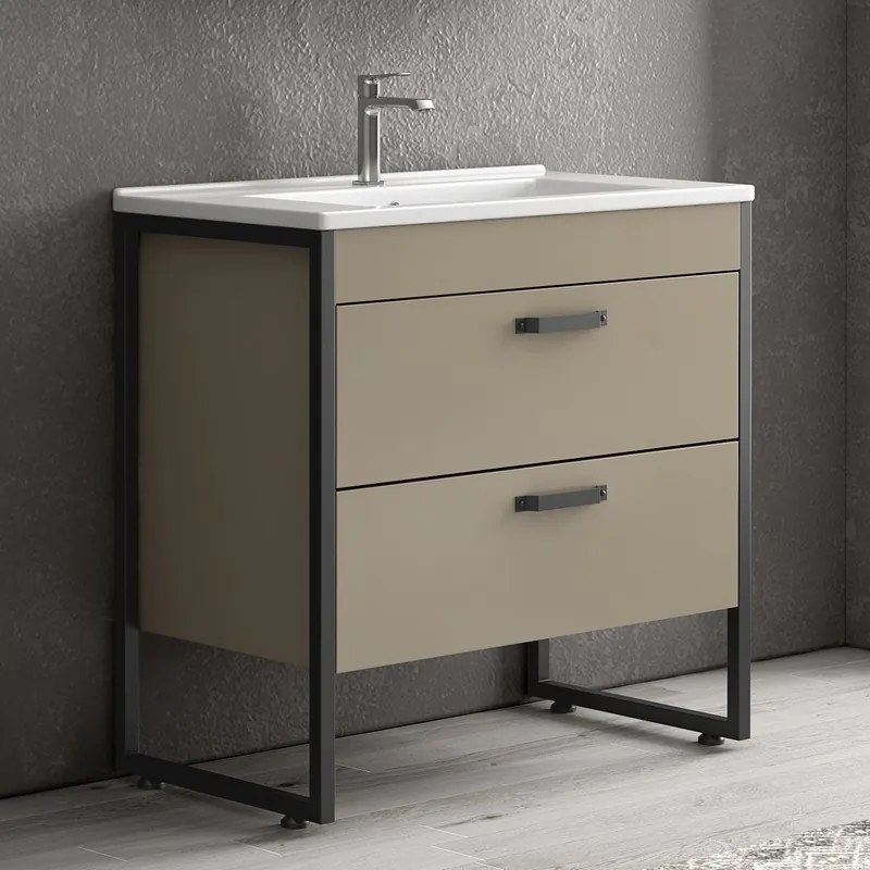 Composizione bagno a terra 85cm: mobile con lavabo, specchio contenitore e pensile IKOS-85 - KAMALU