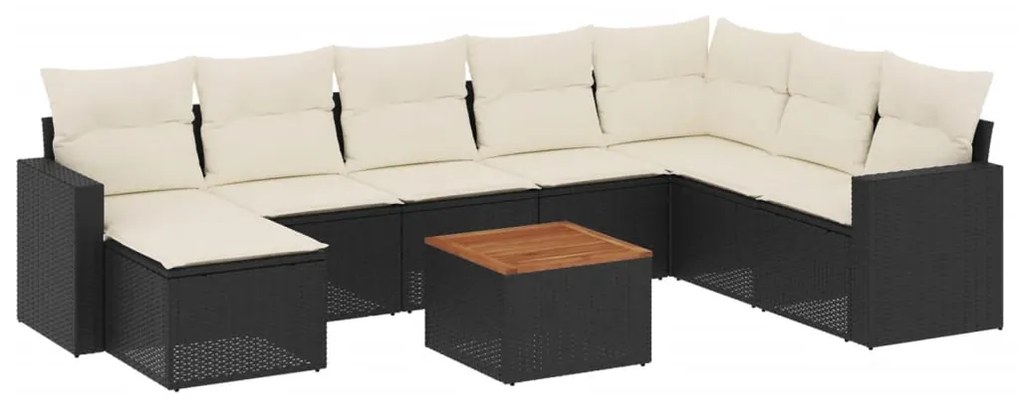 Set divani da giardino 9 pz con cuscini nero in polyrattan