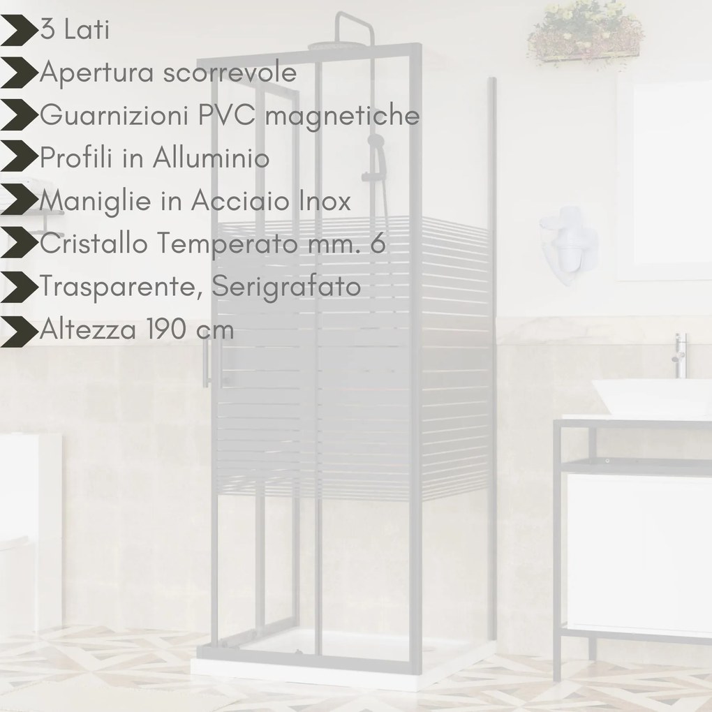 Box Doccia 70x90x70 Rettangolare 3 Ante H 190 cm Scorrevole Cabina Doccia 6 mm Serigrafato e Trasparente Nero