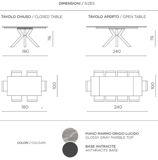 Tavolo in pietra allungabile a 240 cm effetto marmo Grigio HERO