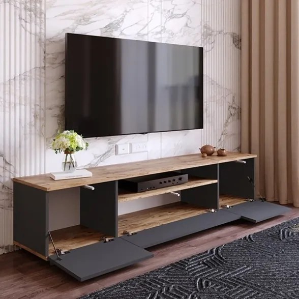 Mobile TV Da Terra 180 Cm Con Vano Ed Ante Antracite E Legno Todd