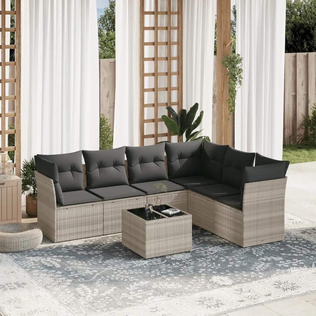 Set divani da giardino 7pz con cuscini grigio chiaro polyrattan