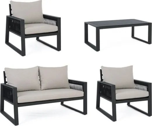 Salottino Da Esterno In Corda E Alluminio Con Cuscini E Tavolino Antracite Captiva Bizzotto