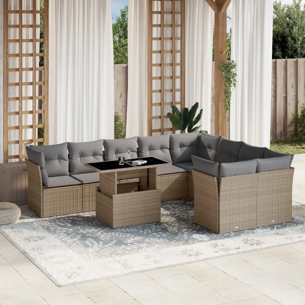 Set divano da giardino 10 pz con cuscini beige in polyrattan