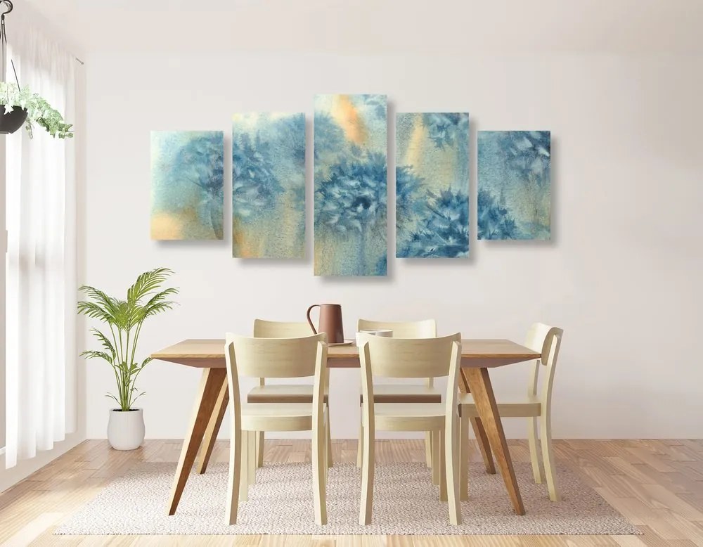Quadri 5 pezzi – Dente di leone blu in acquerello