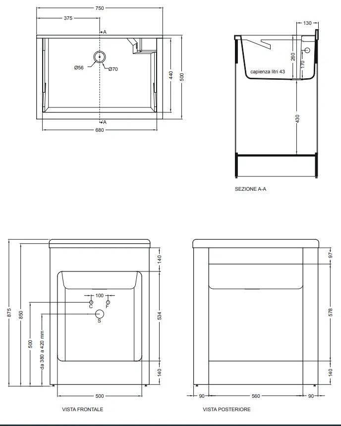 Mobile lavatoio 75x50 Colavene Lavacril con serrandina a scomparsa laterale in abs metacrilato bianco