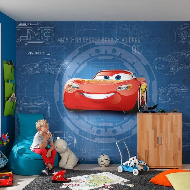 Fotomurale KOMAR Cars blueprint, blu e rosso 368X254 cm