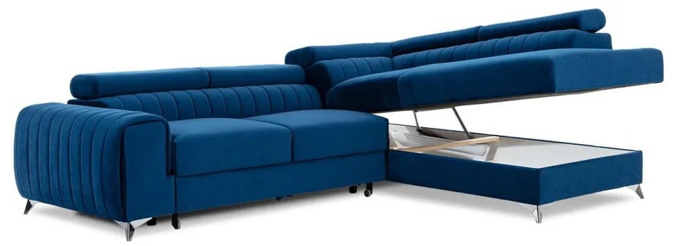 Divano angolare blu allungabile/con contenitore (con penisola a destra/a L) e rivestimento in velluto Laurence – ELTAP