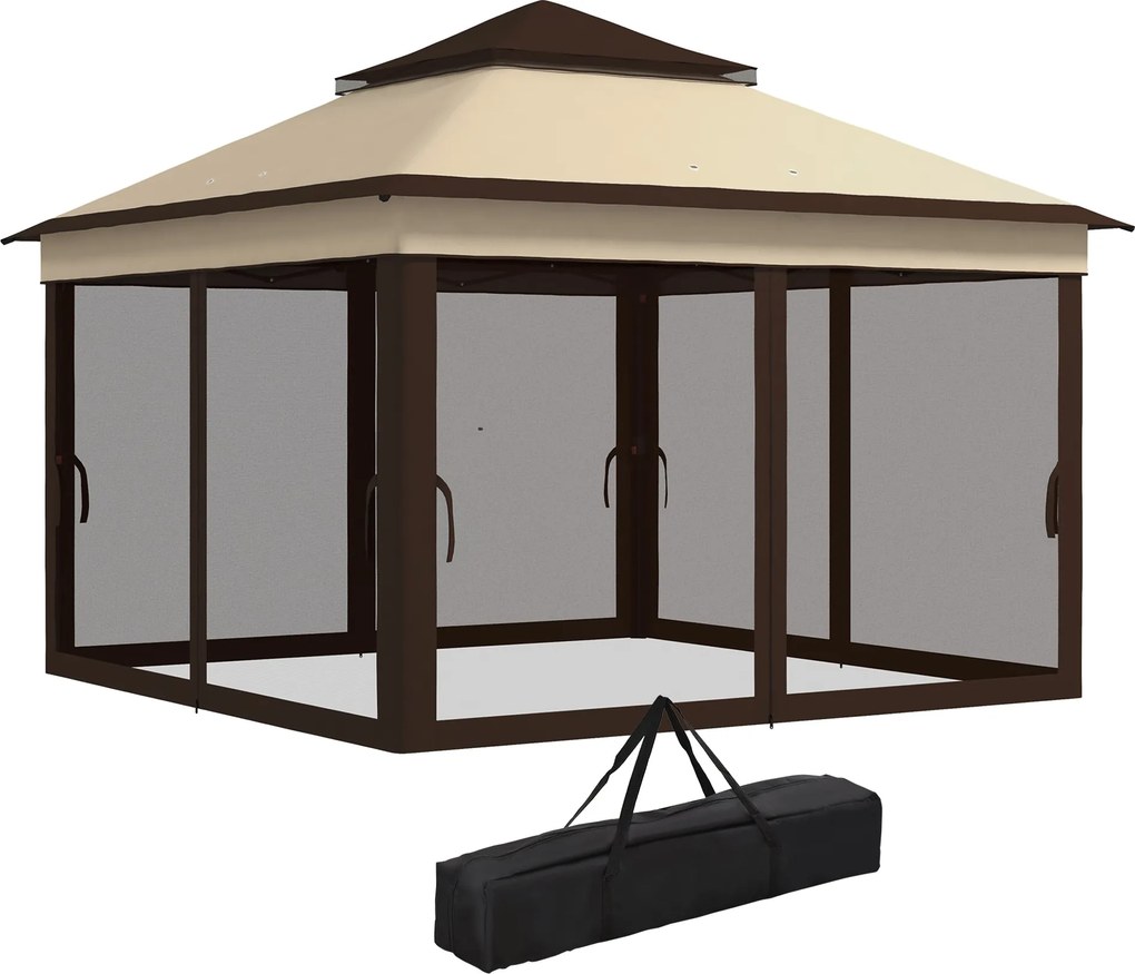 Gazebo Regolabile su 3 Livelli con Pareti Rimovibili 3x3m in Acciaio e tessuto Oxford Caffè e Beige...