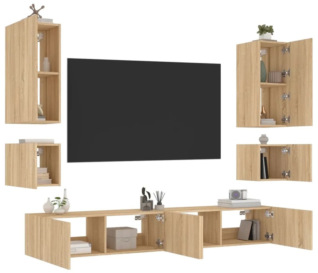 Mobili tv a muro 6pz con luci led rovere sonoma