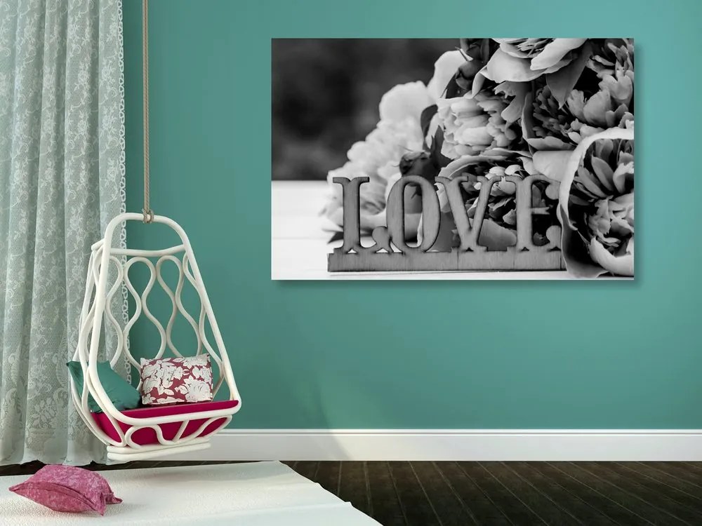 Stampa su tela – Peonie con scritta Love in bianco e nero