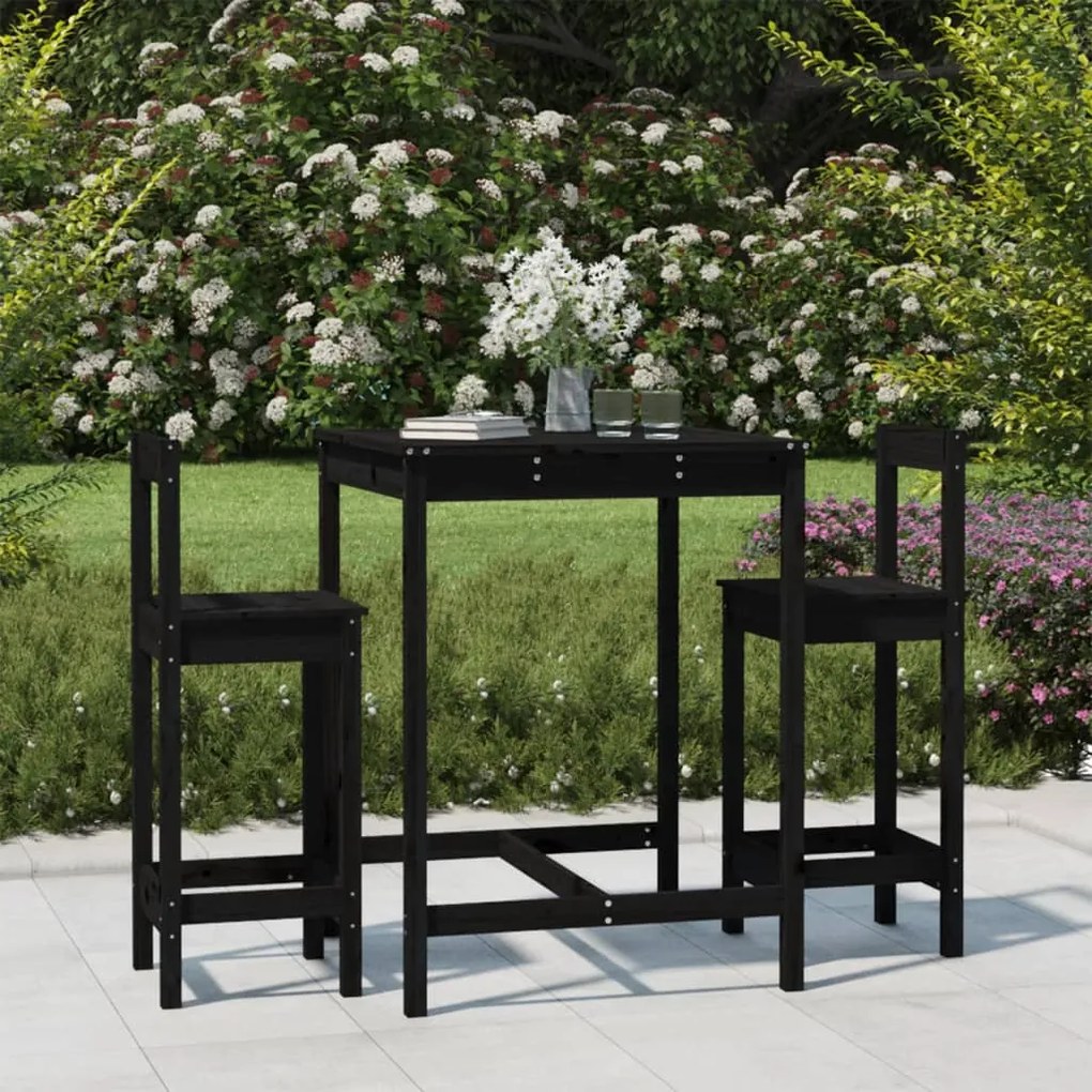 Set Bar Da Giardino 3 Pz Nero İn Legno Massello Di Pino /