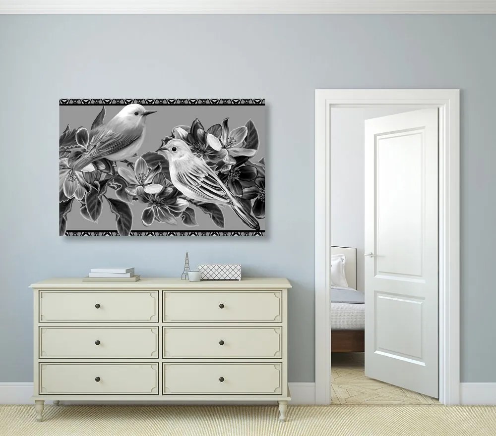 Stampa su tela – Uccellini e fiori in bianco e nero in versione vintage