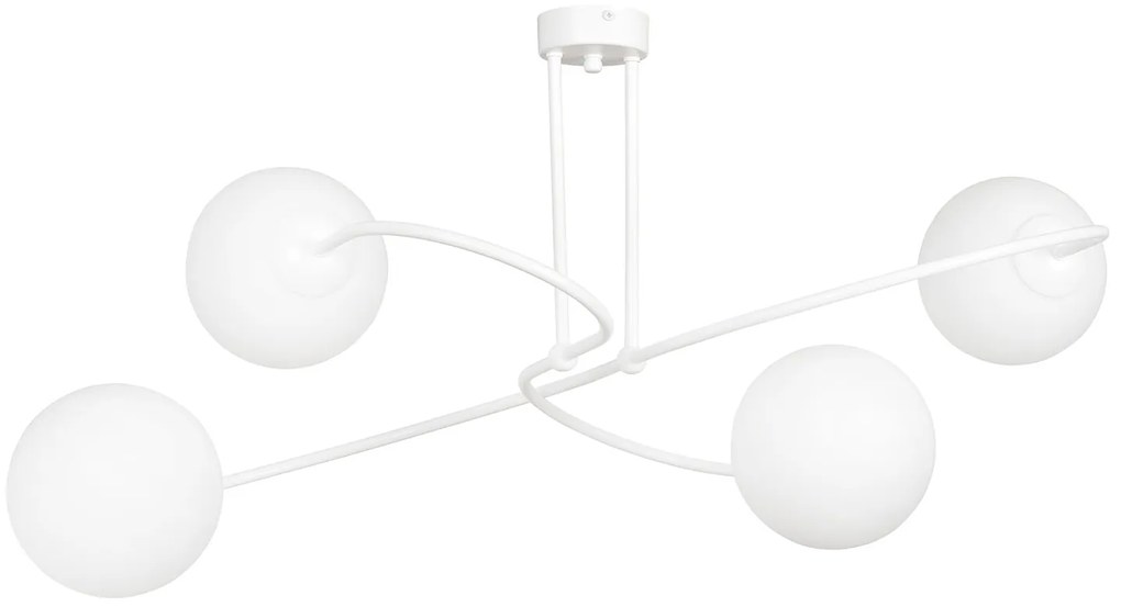 Plafoniera Moderna 4 Luci Nezha In Acciaio Bianco E Sfere In Vetro Opale