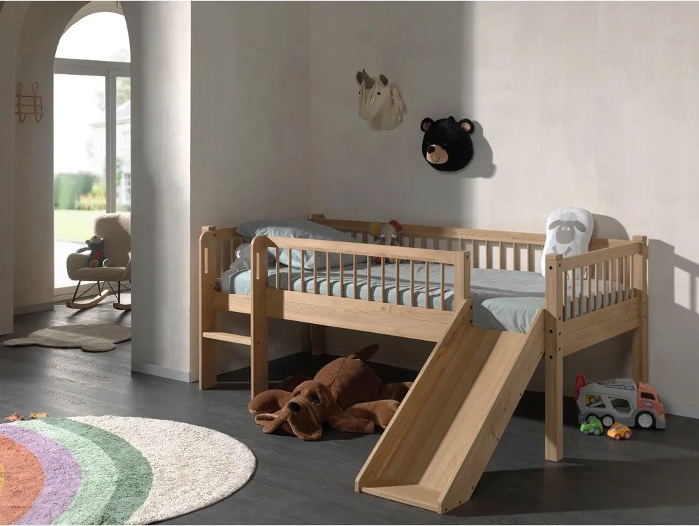 Letto da bambini rialzato di colore naturale in faggio massiccio con scivolo con rete inclusa 90x200 cm Forrest – Vipack